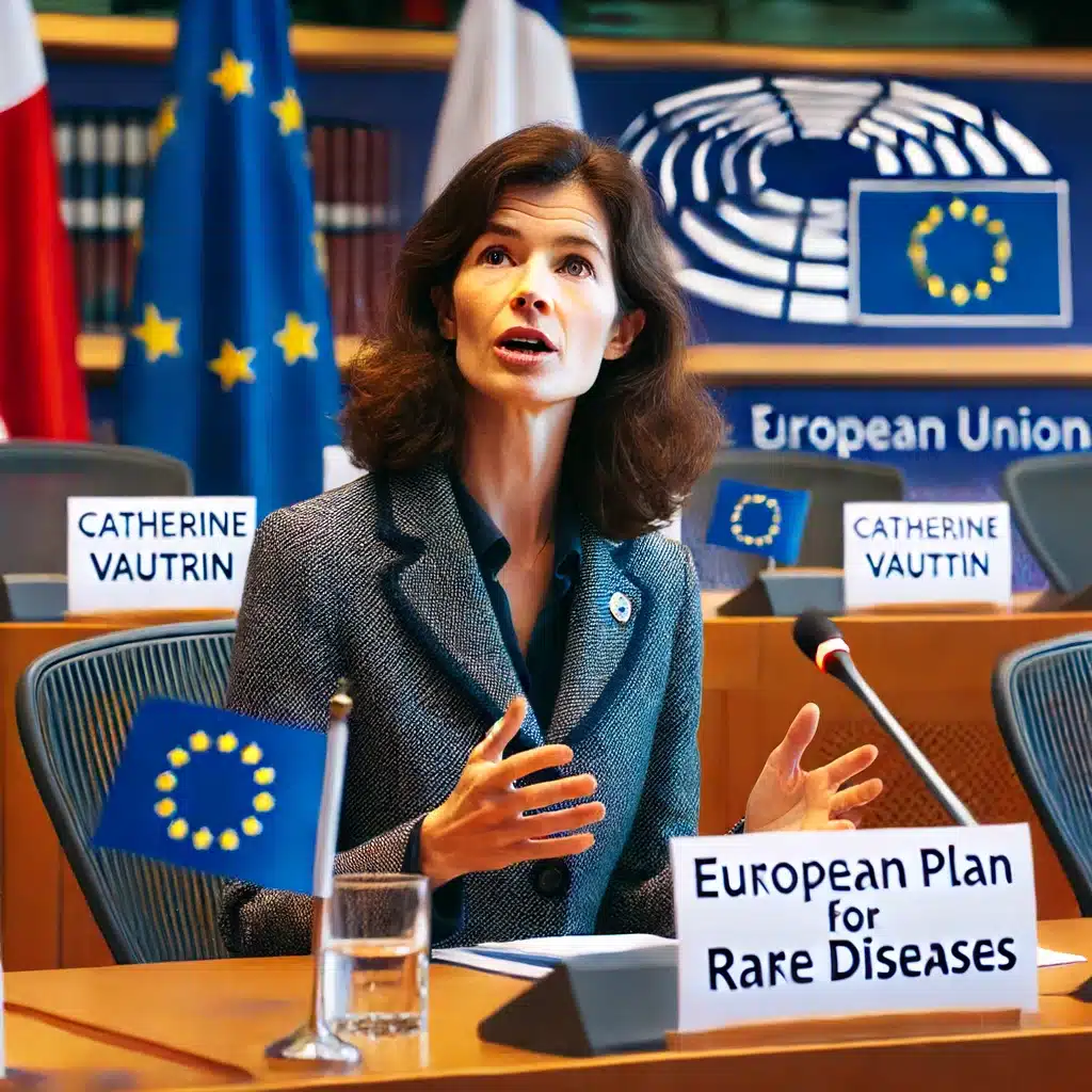 Catherine Vautrin parlant d'un plan européen pour les maladies rares lors d'une conférence