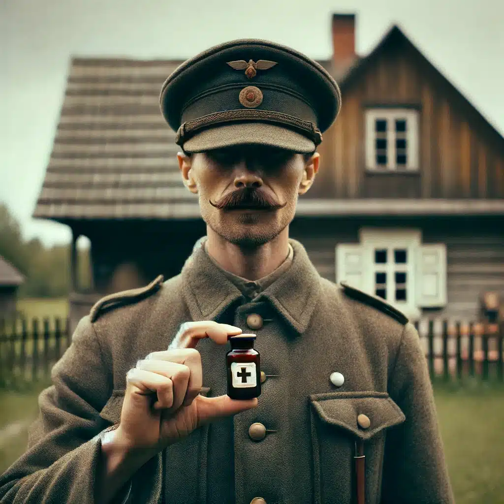 Médecin polonais tenant un flacon de médicament en période de guerre
