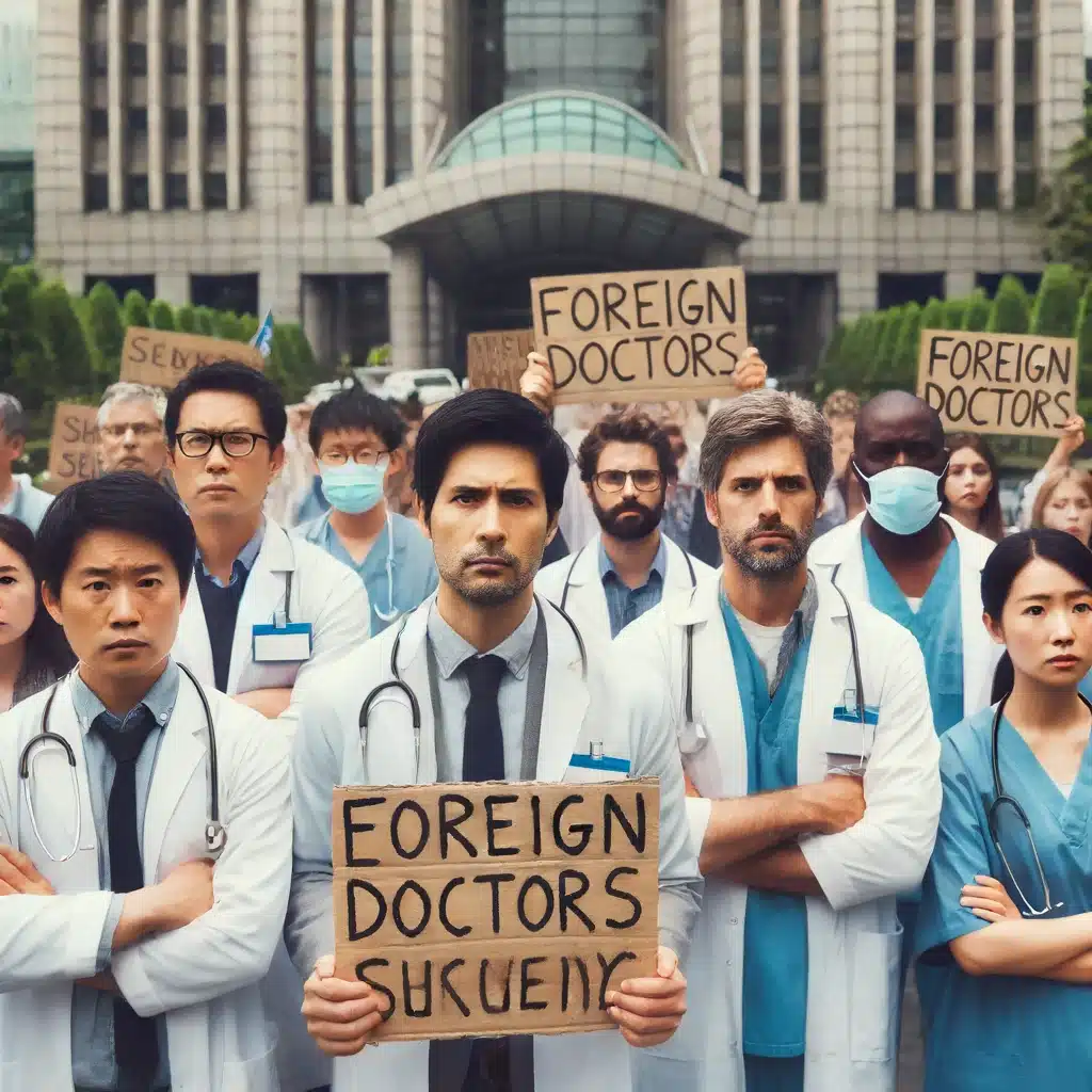 Un groupe de médecins étrangers manifestant devant un bâtiment gouvernemental