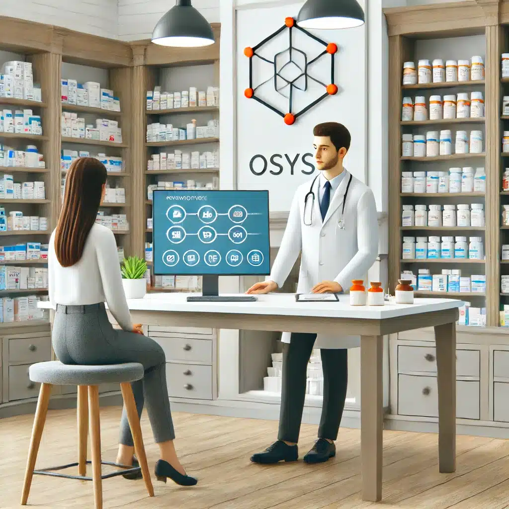 Une pharmacie moderne avec un pharmacien utilisant la plateforme Osys pour conseiller un patient