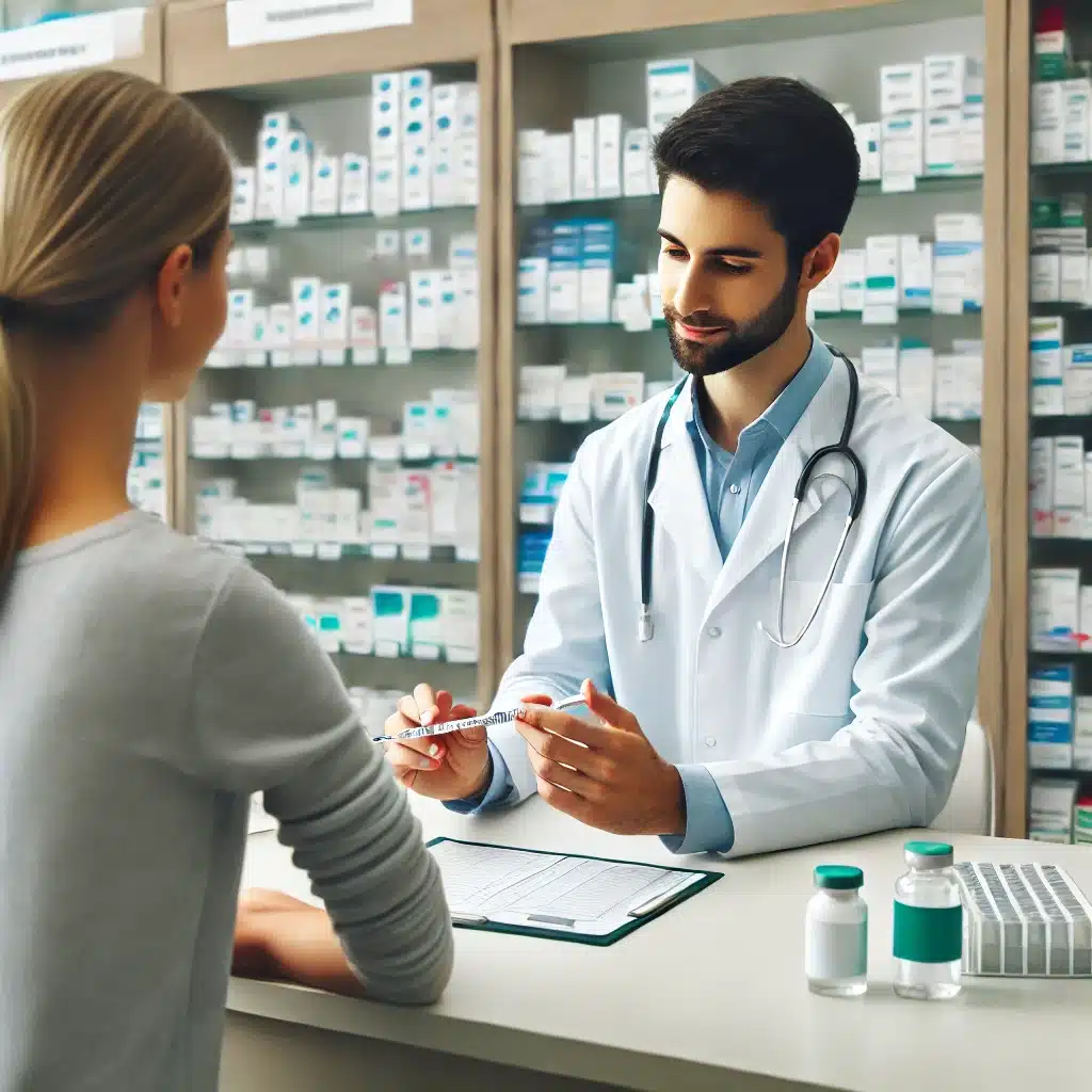 Un pharmacien consultant un patient dans une pharmacie moderne