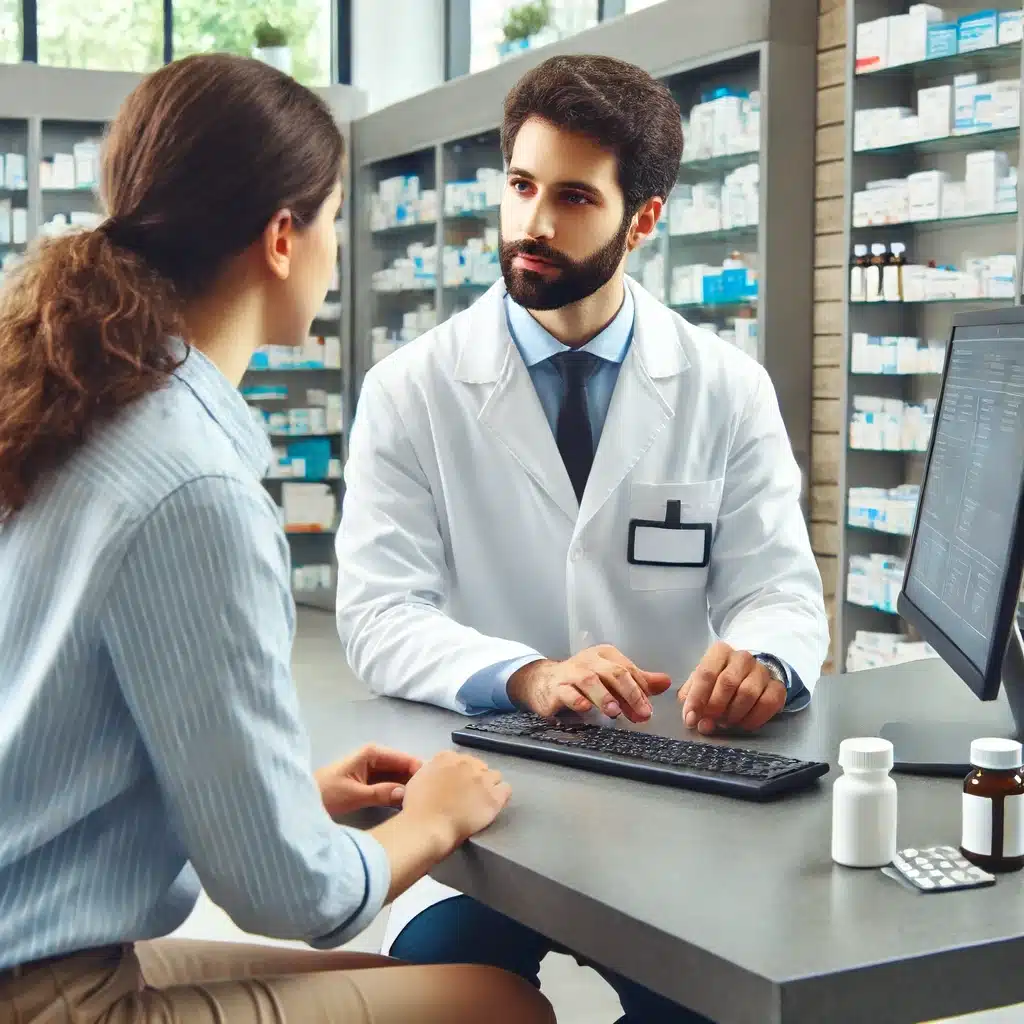 Un pharmacien consultant un patient dans une pharmacie moderne