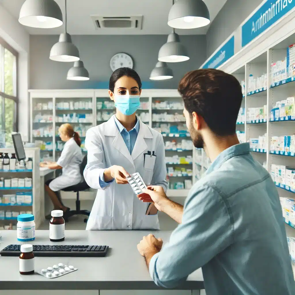 Un pharmacien remettant directement des antibiotiques à un patient dans une pharmacie moderne