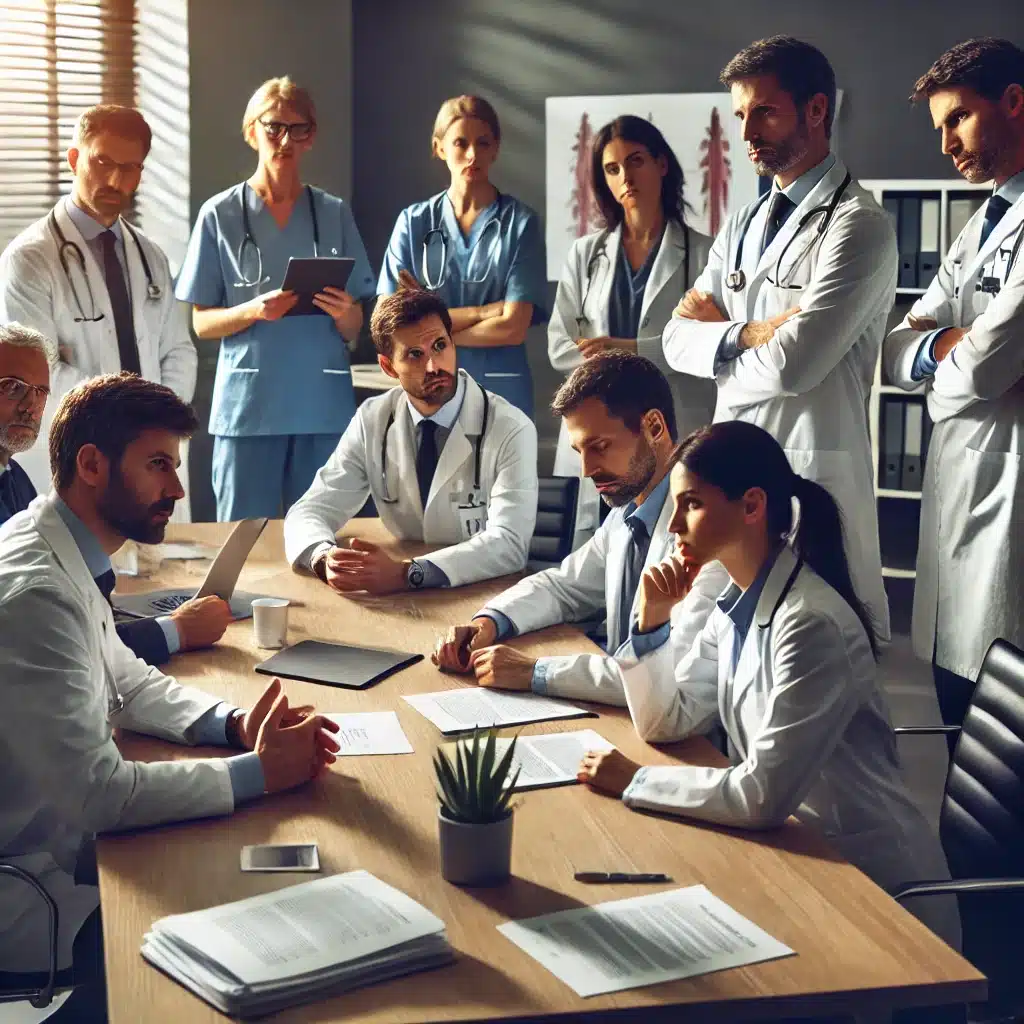 Un groupe de spécialistes médicaux discutant dans une salle de conférence, certains semblant frustrés